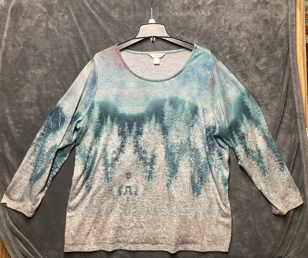 Mountain Pine Watercolor Scene Burnout Fabric Top Sz 2X Wearable Art Lagenlook